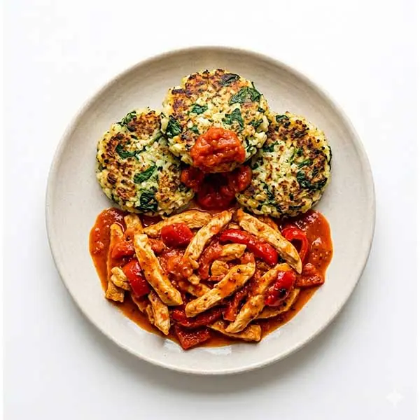 Red Pepper Chicken with Spinach & Cauliflower Patties